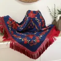 Mantón Mod. Libélula - Azul Tinta Fleco Rojo