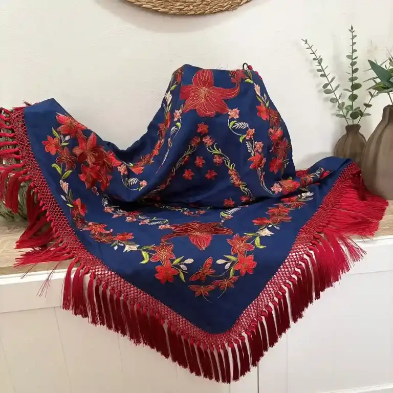 Mantón Mod. Libélula - Azul Tinta Fleco Rojo